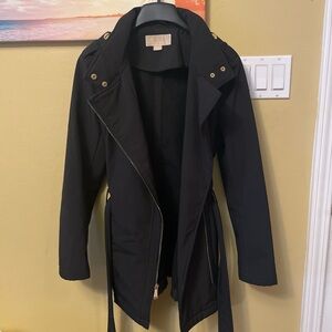 Michael Kors Womens Black Soft Shell Belted Premium Long Zip Hooded Trench Coat